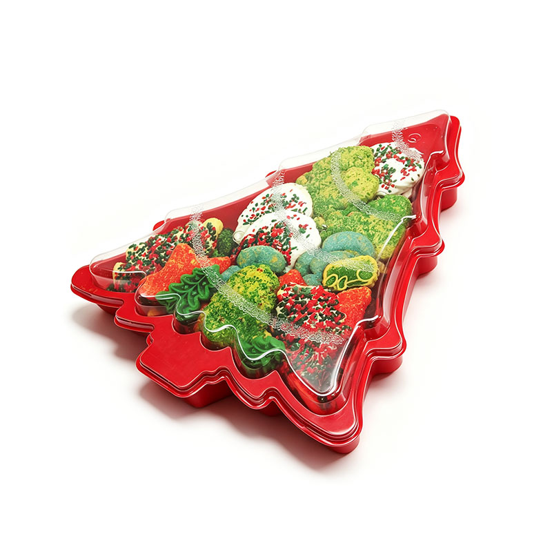 Green Christmas Tree Shaped Single-Compartment Plastic Party Tray with Clear Lid