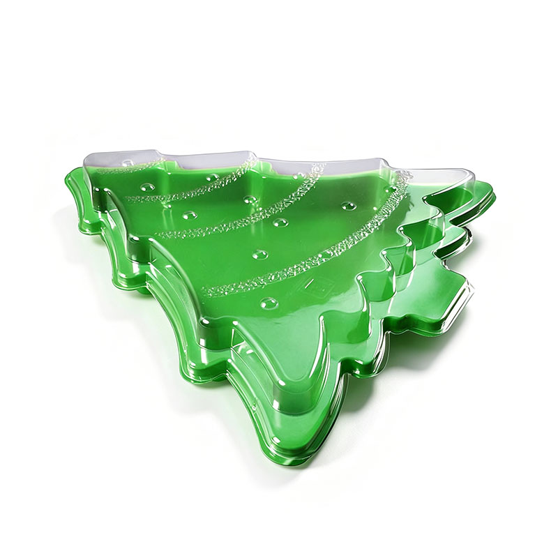 Green Christmas Tree Shaped Single-Compartment Plastic Party Tray with Clear Lid