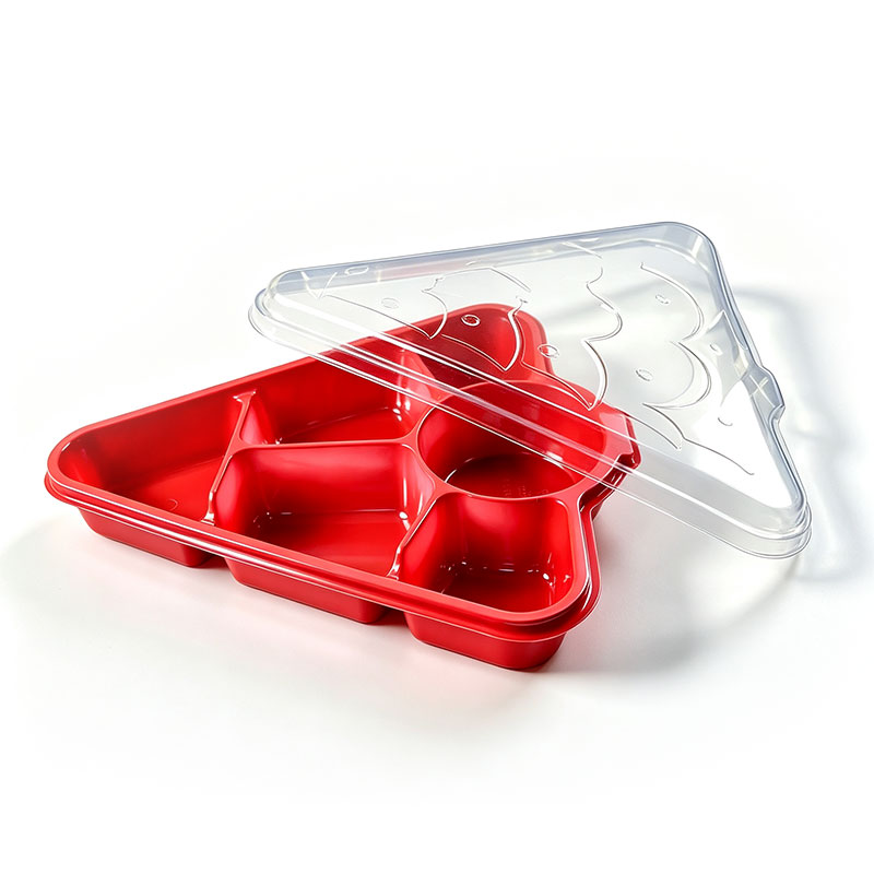Christmas Tree Shaped Plastic Food Tray with Lid and Compartments (Red & Green)